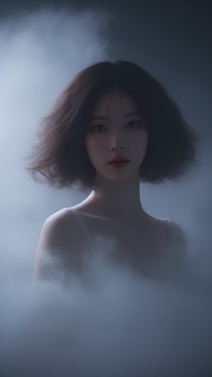 Shadowy figure of a woman emerging from the darkness, black and grey gradient, foggy, realistic, 8k resolution, Unreal Engine, cinematic