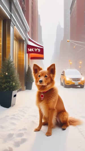 cinematic, stunning, minimalist, thin lightweight light cute red fluffy dog in heavy snowy New York city street sitting front of Macy's entrance. beautiful shot. 8k. Wallpaper. Extremely detailed