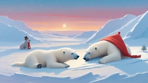 Christmas on the Arctic snowfield,happy polar bears cuddling, cute critters, by oliver jeffers