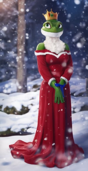 Cute lady frog in dress and crown dressed in gown in cinematic environment,In the Christmas holiday, ultra high definition, warm and cozy, it's snowing outside,Santa Claus