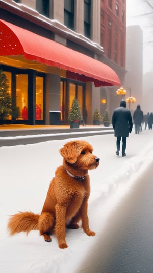 cinematic, stunning, minimalist, thin lightweight light cute red fluffy dog in heavy snowy New York city street sitting front of Macy's entrance. beautiful shot. 8k. Wallpaper. Extremely detailed