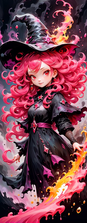 masterpiece, portrait, oil painting, gouache, hard brush, highly detailed, concept art, medium shot, splash art, 1girl, fiery witch, witch hat, pink flowing hair, flowing red magic element, HD,
