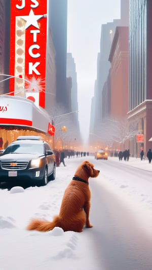 cinematic, stunning, minimalist, thin lightweight light cute red fluffy dog in heavy snowy New York city street sitting front of Macy's entrance. beautiful shot. 8k. Wallpaper. Extremely detailed