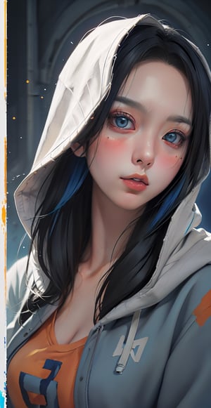 masterpiece, (beautiful and aesthetic:1.5), surrealism, highly detailed, anime, a portrait painting of 1girl, orange and blue color pallet, wearing hoodie hard brush, binary code effect, paintings effect, heavy inking, featured on pixiv, saturated colours, red blue, pixels, hypercube, pixelsort, epic composition, epic proportion, dynamic lighting, HD
