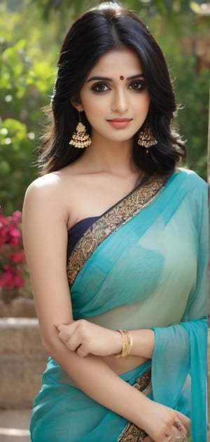 Women,gigantic_breast, wearing blue saree, full saree, gl4ss, fancy crowne,  long black hair, India style house 