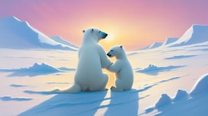 Christmas on the Arctic snowfield,happy polar bears cuddling, cute critters, by oliver jeffers