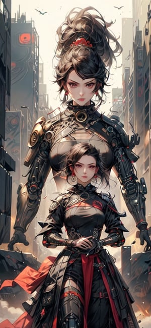 Two women in meticulously tailored cyberpunk-style outfits, each piece of attire is a testament to intricate craftsmanship. Positioned in the throes of an action movie scene, their unwavering expressions of cool confidence ignite the virtual frame. One's left eye is concealed by a tribal-tech monocle, the seamless fusion of past and future that adds a hint of mystery. Their necks are draped in unique cybernetic jewelry, a blend of aesthetically pleasing functionality and fine allure. Configuration captured