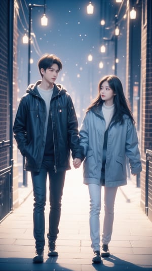 A couple holding hands in christmas, fan art, soft colors, girl with yellow jacket, boy with gray coat,DonMN30nChr1stGh0sts