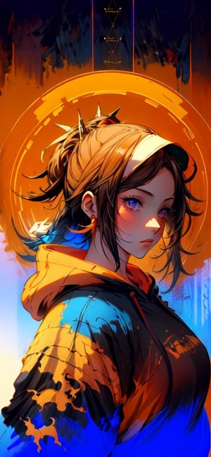 masterpiece, (beautiful and aesthetic:1.5), surrealism, highly detailed, anime, a portrait painting of 1girl, orange and blue color pallet, wearing hoodie hard brush, binary code effect, paintings effect, heavy inking, featured on pixiv, saturated colours, red blue, pixels, hypercube, pixelsort, epic composition, epic proportion, dynamic lighting, HD
