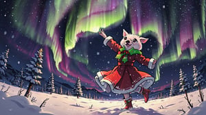 Christmas, a beautiful little princess pig wearing a Christmas outfit, standing on a snowy field, looking up at the beautiful Aurora Borealis dancing across the sky, enveloping her in a mesmerizing display of colors. 