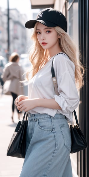fashion week, photography, model with white curly hair, the girl has a refined face, big eyes, plump lips and a small nose, tall and thin, bright makeup, voluminous clothes, bright colors, casual clothes, cap, hat, shopper bag