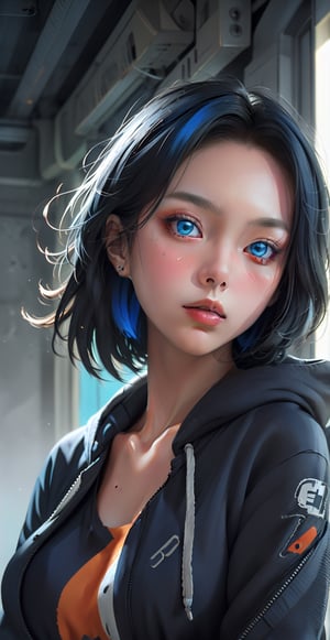masterpiece, (beautiful and aesthetic:1.5), surrealism, highly detailed, anime, a portrait painting of 1girl, orange and blue color pallet, wearing hoodie hard brush, binary code effect, paintings effect, heavy inking, featured on pixiv, saturated colours, red blue, pixels, hypercube, pixelsort, epic composition, epic proportion, dynamic lighting, HD
