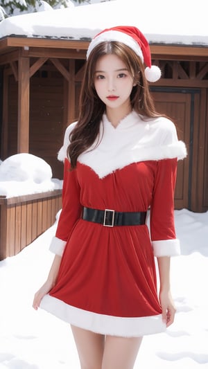 sntdrs, 1girl, Christmas Headdress, perfect anatomy, outdoor,   detailed face, detailed finger, perfect light, best quality, high res, ultra hd, red santa dress, snow, snow man, wind, girl foucs,ll-hd,pussy