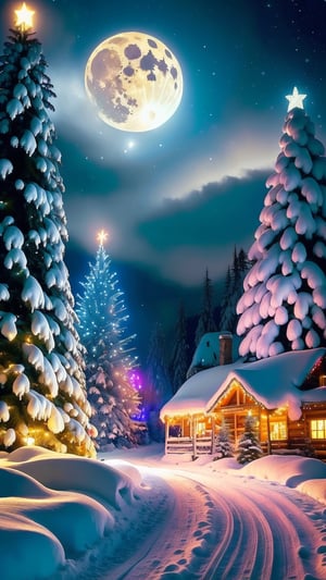 charming fairy tale village, snow-covered decorated Christmas trees, warm inviting cabin, ultra sharp digital oil painting, snowflakes, mountains with waterfall, soft light far-away full moon, glitter, stars, stardust, hyper realistic, well rendered, detailed, vibrant, electric blue and purple sky in style of Thomas Kinkade
