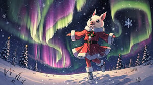 Christmas, a beautiful little princess pig wearing a Christmas outfit, standing on a snowy field, looking up at the beautiful Aurora Borealis dancing across the sky, enveloping her in a mesmerizing display of colors. 