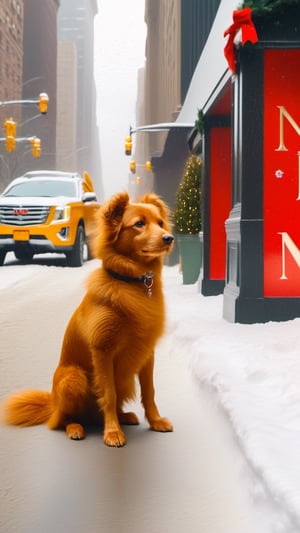 cinematic, stunning, minimalist, thin lightweight light cute red fluffy dog in heavy snowy New York city street sitting front of Macy's entrance. beautiful shot. 8k. Wallpaper. Extremely detailed