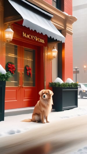 cinematic, stunning, minimalist, thin lightweight light cute red fluffy dog in heavy snowy New York city street sitting front of Macy's entrance. beautiful shot. 8k. Wallpaper. Extremely detailed