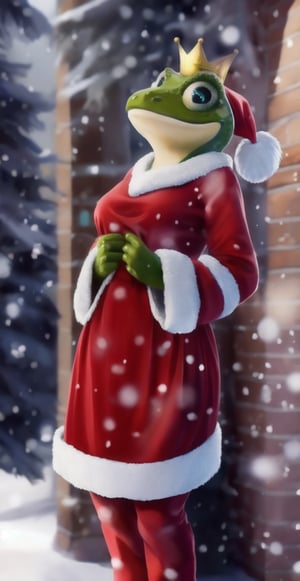 Cute lady frog in dress and crown dressed in gown in cinematic environment,In the Christmas holiday, ultra high definition, warm and cozy, it's snowing outside,Santa Claus