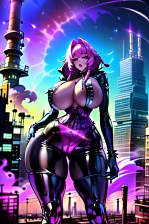 (Masterpiece, portrait, best quality, 8k, high_res , DonMChr0m4t3rr4, city_background, street, dirty, smog, ground_fog, smokestacks, black smoke, supernova in sky),DonMChr0m4t3rr4 
BREAK
(1woman in foreground, topless, detailed face, thicc, curvy figure, corset, biker, spiked leather biker  outfit 
pink hoodie, hair in purple 
dreadlocks,  showing cleavage ),ff14bg,DonMC3l3st14l3xpl0r3rsXL