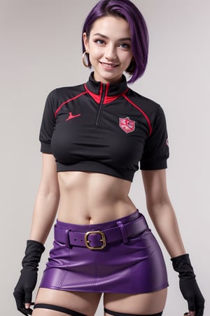 1girl realistic, Caucasian girl, photorealistic, dynamic view, Teen girl, full body, 16 years old, (beautiful detailed eyes),((best quality)), ((highly detailed)), solo, gloves, hair slicked back, long hair, jewelry, skirt, navel, thighhighs, earrings, elbow gloves, team rocket uniform, crop top, blue eyes, midriff, white background, belt, black gloves, very long hair, simple background, smile, black thighhighs, purple hair, looking at viewer, breasts, white skirt, miniskirt, smile exposed thighs photo realistic, shorthair