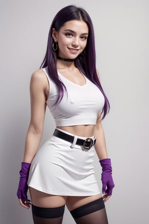 1girl realistic, Caucasian girl, photorealistic, dynamic view, Teen girl, full body, 16 years old, (beautiful detailed eyes),((best quality)), ((highly detailed)), solo, gloves, hair slicked back, long hair, jewelry, skirt, navel, thighhighs, earrings, elbow gloves, team rocket uniform, crop top, blue eyes, midriff, white background, belt, black gloves, very long hair, simple background, smile, black thighhighs, purple hair, looking at viewer, breasts, white skirt, miniskirt, smile exposed thighs photo realistic, shorthair