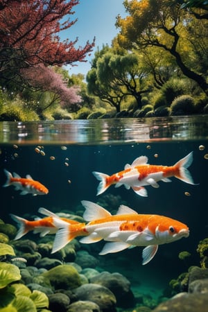 Koi fish in a lake, (in a forest orange trees) best quality, masterpiece, underwater, 