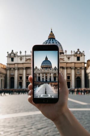 person holding an iphone with a picture of [Vatican], realistic, minimalist, studyblr, captured with [a Nikon D850( 24-120mm f/4G ED VR]  style raw,Movie Still,photo r3al