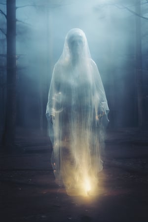 a photo of transparent ghost old lady in a forest, at night, fire illumination