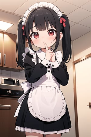 (8K, Highest image quality, highest quality, masterpiece), detailed face, ((loli)), ((girl)), (little  curve), black hair, short twintails, red eyes, ((very small bust)), (flat bust), (apron), (maid uniform ), cowboy shot, put your hand on your mouth, kitchen background, ((very blushing)), ((detailed hands and fingers)), viewer perspective from below, (blush),chibi