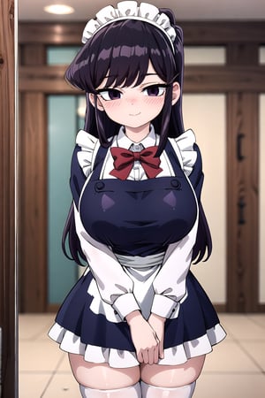 Masterpiece, Best Quality, Anime 2d, High Resolution, 8K Raw, highres, absurdres, incredibly absurdres, lowres, komi shouko, standing, 1girl, solo, looking at viewer, purple hair, purple eyes, long hair, blush, embarrassed, evil smile, closed mouth, arms blehind head pose, hidden hands, gigantic breasts, perfectly formed and symmetrical breasts, abdomen, big thighs, beautiful legs, Katyusha, bow, white long sleeves, Black maid dress, apron, white apron, white socks, zettai ryouiki, maid, maid headdress, room,elegant restaurant,bangraund, ((poakl)),poakl,ShokoKomidef