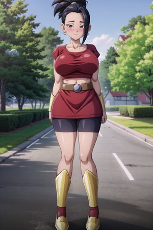 (Masterpiece), Best Quality, highres, absurdres, incredibly absurdres, lowres, (Medium Long shot), Kale, dragón ball super, standing, 1girl, solo, looking, looking at viewer, (Black Hair:1.3), ponytail, Black eyes, Smile, blush, Closed mouth, collarbone, ((gigantic breasts)), perfectly shaped and symmetrical breasts, neckline, arms down, (hands on own crotch), well drawn hands, five fingers on both hands, well drawn fingers, perfct hands, midriff, navel, visible navel, curvy_hips, Big thighs, beautiful legs, a long straight lock covers part of his face, gold earrings, shirt, red shirt, short sleeves, ((crop top)), skirt, red skirt, shorts under skirt, bike shorts, belt, short red stockings, boots, yellow footwear, (outdoors, bangraund:1.3),poakl,kale