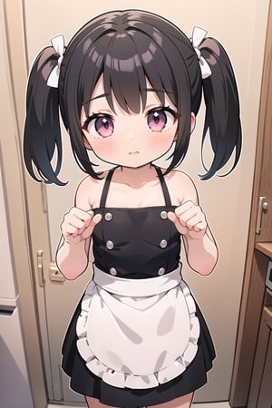 (8K, Highest image quality, highest quality, masterpiece), detailed face, ((loli)), ((girl)), (little  curve), black hair, short twintails, pink eyes, ((very small bust)), (flat bust), (naked apron), cowboy shot, put your hand on your mouth, kitchen background, ((very blushing)), ((detailed hands and fingers)), viewer perspective from below, (blush),poakl,chibi