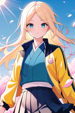 (8K, Highest image quality, highest quality, masterpiece), detailed face, standing, (Medium Long Shot), ((Upper body)), 1girl, solo, looking at viewer, long hair, blonde hair, two-tone hair, multicolored hair, parted bangs, blue eyes, closed mouth, arms_behind_return, jacket, yellow jacket, track jacket, green jacket, long sleeves, skirt, pleated skirt, black skirt, shoes, sneakers, (Outdoor, wind, sun, blue sky, Japanese cherry blossom landscape falling petals, bangraund:1.2),light,atmosphere,effects,color,1 girl