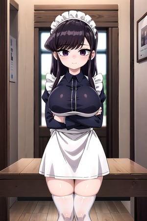 Masterpiece, Best Quality, Anime 2d, High Resolution, 8K Raw, highres, absurdres, incredibly absurdres, lowres, komi shouko, standing, 1girl, solo, looking at viewer, purple hair, purple eyes, long hair, blush, embarrassed, evil smile, closed mouth, arms down, hands on own crotch, well drawn hands, perfct hands, gigantic breasts, perfectly formed and symmetrical breasts, abdomen, big thighs, beautiful legs, Katyusha, bow, white long sleeves, Black maid dress, apron, white apron, white socks, zettai ryouiki, maid, maid headdress, room,elegant restaurant,bangraund:1.3,poakl,ShokoKomidef
