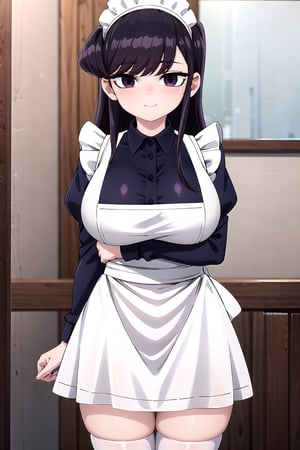 Masterpiece, Best Quality, Anime 2d, High Resolution, 8K Raw, highres, absurdres, incredibly absurdres, lowres, komi shouko, standing, 1girl, solo, looking at viewer, purple hair, purple eyes, long hair, blush, embarrassed, evil smile, closed mouth, gigantic breasts, perfectly formed and symmetrical breasts, arms blehind head pose, hidden hands, abdomen, big thighs, beautiful legs, Katyusha, bow, white long sleeves, Black maid dress, apron, white apron, white socks, zettai ryouiki, maid, maid headdress, room,elegant restaurant,bangraund, ((poakl)),poakl,ShokoKomidef