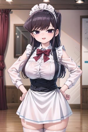 (Masterpiece, Best Quality, Anime 2d, High Resolution, 8K Raw), highres, absurdres, incredibly absurdres, lowres, komi shouko, standing, 1girl, solo, looking at viewer, long hair, dark purple hair, swept_bangs, dark purple eyes, blush, embarrassed, smile, Open mouth, arms, hands on hips, well drawn hands, well drawn fingers, perfct hands, gigantic breasts, abdomen, big thighs, beautiful legs, Katyusha, bow, white long sleeves, Black maid dress, ((maid apron)), white apron, white socks, zettai ryouiki, maid, maid headdress, (room,elegant restaurant,bangraund:1.3),poakl,komishouko,ShokoKomidef