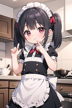 (8K, Highest image quality, highest quality, masterpiece), detailed face, ((loli)), ((girl)), (little  curve), black hair, short twintails, red eyes, ((very small bust)), (flat bust), (apron), (maid uniform ), cowboy shot, put your hand on your mouth, kitchen background, ((very blushing)), ((detailed hands and fingers)), viewer perspective from below, (blush),chibi