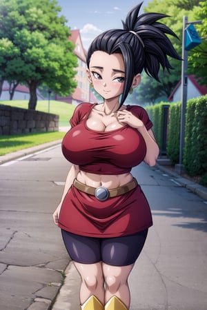 (Masterpiece), Best Quality, highres, absurdres, incredibly absurdres, lowres, beautiful, (Medium Long shot), portrait, Kale, dragón ball super, standing, 1girl, solo, looking, looking at viewer, (Black Hair:1.3), ponytail, beautiful face, black eyes, evil smile, collarbone, ((gigantic breasts)), perfectly shaped and symmetrical breasts, neckline, ((arms down)), ((hands on own crotch)), well drawn hands:0.8, five fingers on both hands, well drawn fingers:0.8, perfct hands, midriff, navel, visible navel, curvy_hips, Big thighs, beautiful legs, a long straight lock covers part of his face, gold earrings, shirt, red shirt, short sleeves, ((crop top)), skirt, red skirt, shorts under skirt, bike shorts, belt, short red stockings, boots, yellow footwear, (outdoors, bangraund:1.3),poakl,kale