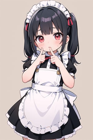 (8K, Highest image quality, highest quality, masterpiece), detailed face, ((loli)), ((girl)), (little  curve), black hair, short twintails, red eyes, ((very small bust)), (flat bust), (apron), (maid uniform ), cowboy shot, put your hand on your mouth, kitchen background, ((very blushing)), ((detailed hands and fingers)), viewer perspective from below, (blush),chibi