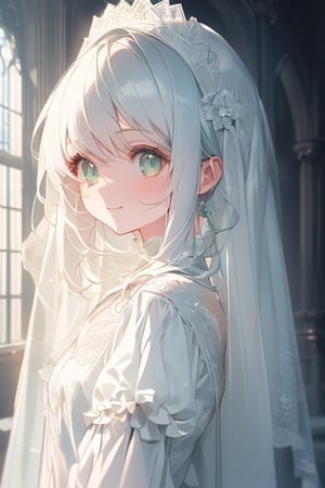 absurdres, elaborate, softly illustration, softly atmosphere, softly color pencil illustration, hyper quality, hyper detailed, (1 Very Cute Girl:1.3), solo, white hair, light smile, beautiful green eyes