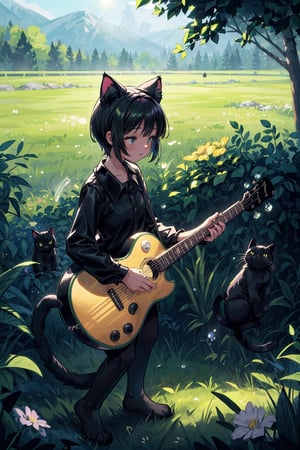 realistic detailed image, ((full body, the black cat plays the guitar)), lilligant, [sunny iridescence on dew drops], epic, cinematic photography with a clear focus, 16k hdr, volumetric lighting, depth of field, hyperrealism of fog and haze, bright colors and textures, unique patterns of nature as an artist, very stunning landscapes