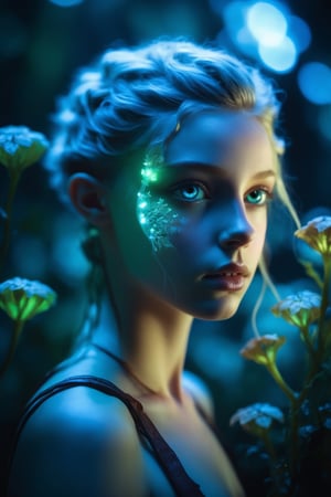 Cinematic of fairy girl, small_nose, realistic artwork, high detailed, professional, upper body photo of a transparent porcelain cute creature looking at viewer, with glowing backlit panels, anatomical plants, dark forest, grainy, shiny, with vibrant colors, colorful, ((realistic skin, glow,)) surreal objects floating, ((floating:1.4)), contrasting shadows, photographic, niji style, 1girl, xxmixgirl, FilmGirl, aura_glowing, colored_aura, Movie Still, final_fantasy_vii_remake