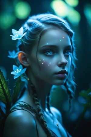 Cinematic of fairy girl, small_nose, realistic artwork, high detailed, professional, upper body photo of a transparent porcelain cute creature looking at viewer, with glowing backlit panels, anatomical plants, dark forest, grainy, shiny, with vibrant colors, colorful, ((realistic skin, glow,)) surreal objects floating, ((floating:1.4)), contrasting shadows, photographic, niji style, 1girl, xxmixgirl, FilmGirl, aura_glowing, colored_aura, Movie Still, final_fantasy_vii_remake