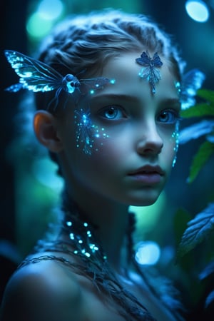 Cinematic of fairy girl, small_nose, realistic artwork, high detailed, professional, upper body photo of a transparent porcelain cute creature looking at viewer, with glowing backlit panels, anatomical plants, dark forest, grainy, shiny, with vibrant colors, colorful, ((realistic skin, glow,)) surreal objects floating, ((floating:1.4)), contrasting shadows, photographic, niji style, 1girl, xxmixgirl, FilmGirl, aura_glowing, colored_aura, Movie Still, final_fantasy_vii_remake