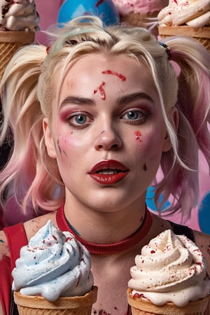 Margot Robbie as Harley Quinn laying down on a big pile of ice creams, relieved, messy hair, ((closeup)), best quality, ultra realistic, photorealistic, a lot of ice creams everywhere, (bare shoulders), narrow shoulders, sticking_out_tongue