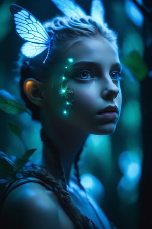 Cinematic of fairy girl, small_nose, realistic artwork, high detailed, professional, upper body photo of a transparent porcelain cute creature looking at viewer, with glowing backlit panels, anatomical plants, dark forest, grainy, shiny, with vibrant colors, colorful, ((realistic skin, glow,)) surreal objects floating, ((floating:1.4)), contrasting shadows, photographic, niji style, 1girl, xxmixgirl, FilmGirl, aura_glowing, colored_aura, Movie Still, final_fantasy_vii_remake