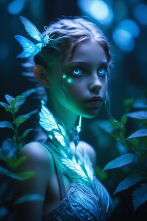 Cinematic of fairy girl, small_nose, realistic artwork, high detailed, professional, upper body photo of a transparent porcelain cute creature looking at viewer, with glowing backlit panels, anatomical plants, dark forest, grainy, shiny, with vibrant colors, colorful, ((realistic skin, glow,)) surreal objects floating, ((floating:1.4)), contrasting shadows, photographic, niji style, 1girl, xxmixgirl, FilmGirl, aura_glowing, colored_aura, Movie Still, final_fantasy_vii_remake