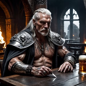 (full shot:1.2), (detailed face: 1.2), Best quality, masterpiece, ultra-high resolution, (photorealistic: 1.2), (best quality)), ((masterpiece)), old age king, muscular body, scars, long hair, tattoos body, wear skulls rings, holding_sword, drink beer, full dining table, sit on old big chair, ancient era, old castle, big crown, big fire place, rain weather, cinematic lighting,photo r3al