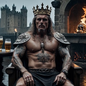 (full shot:1.2), (detailed face: 1.2), Best quality, masterpiece, ultra-high resolution, (photorealistic: 1.2), (best quality)), ((masterpiece)), an old king, muscular body, long hair, tattoos full body, skulls ring, drink beer on a full dining table , sit on old chair, ancient era, old castle, big skulls crown, rain weather, big fire place, cinematic lighting,Movie Still,detailmaster2