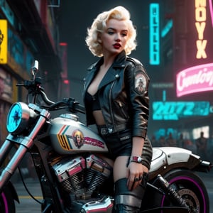 (full shot:1.2), (detailed face: 1.2), Best quality, masterpiece, ultra-high resolution, (photorealistic: 1.2), (best quality)), ((masterpiece)), 1 girl, marilyn monroe, biker outfit, cyberpunk 2077 world, realistic photo, full body, ultra details,